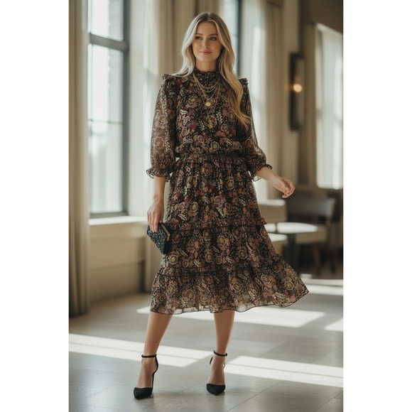 Scotch & Soda Dresses & Skirts - NEW Scotch & Soda Midi Dress Sz 14 Black Floral Tiered Ruffle Whimsigoth Party